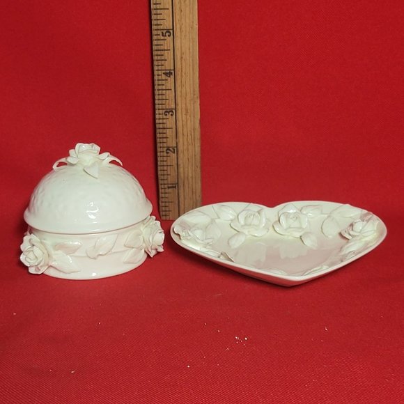 VTG Godinger Porcelain White Rose Dish & Trinket Box - Picture 8 of 14